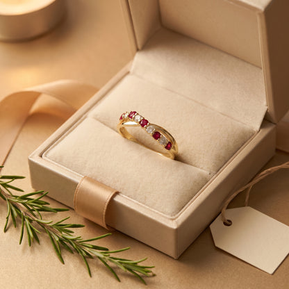 Ruby & Diamond Crossover Half Eternity Ring with 0.22ct of Round Brilliant Diamonds in 9ct Yellow Gold