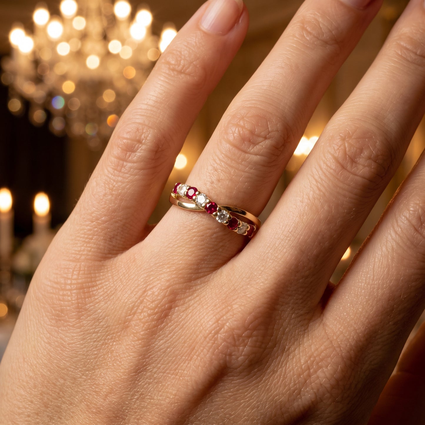 Ruby & Diamond Crossover Half Eternity Ring with 0.22ct of Round Brilliant Diamonds in 9ct Yellow Gold