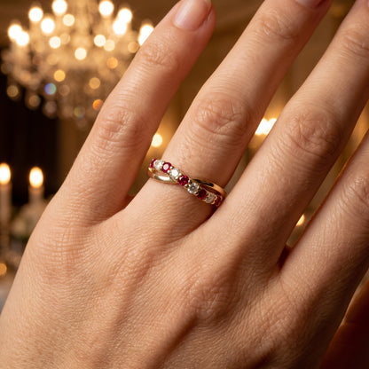 Ruby & Diamond Crossover Half Eternity Ring with 0.22ct of Round Brilliant Diamonds in 9ct Yellow Gold