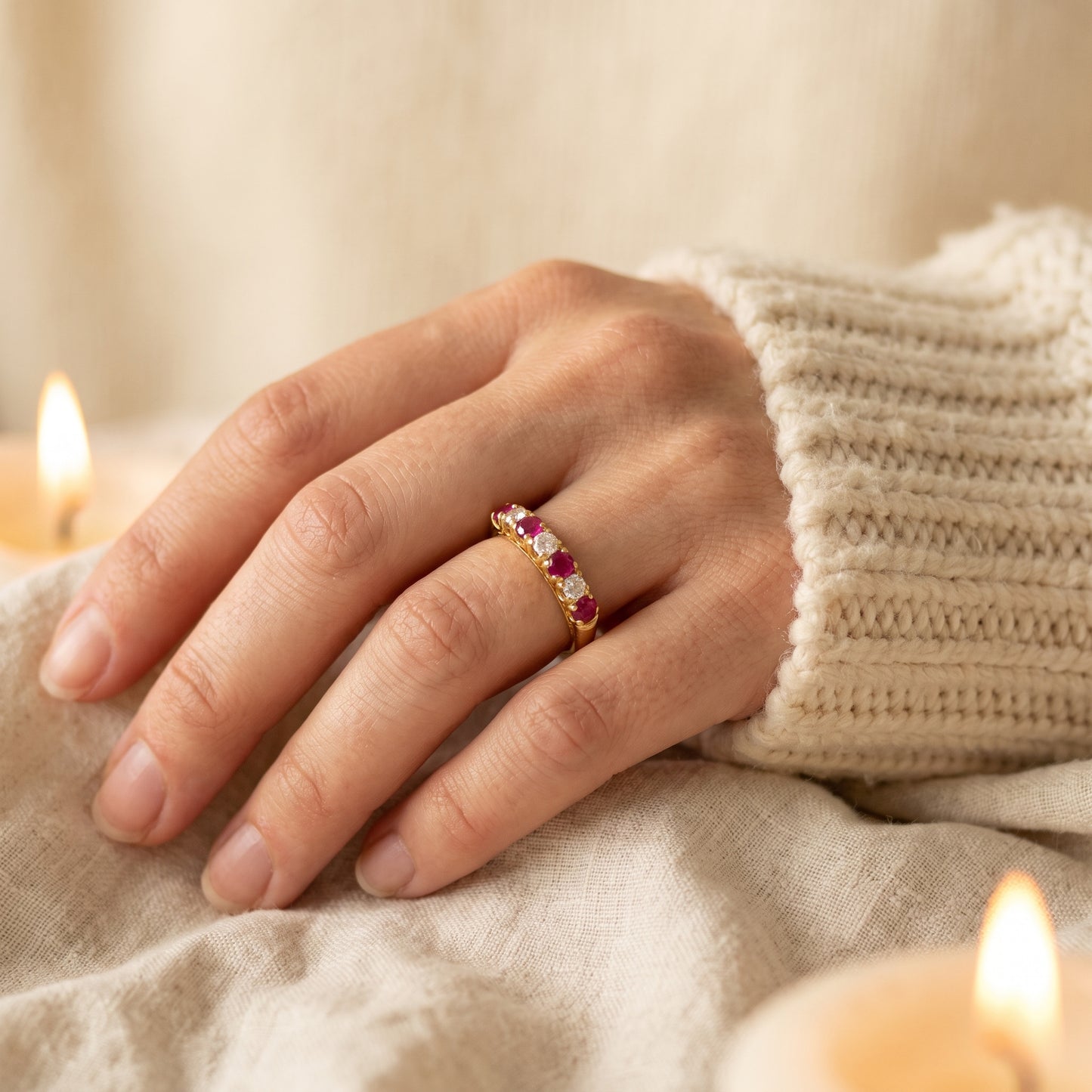 Pre-Owned Ruby & Diamond Half Eternity Ring in 18ct Yellow Gold