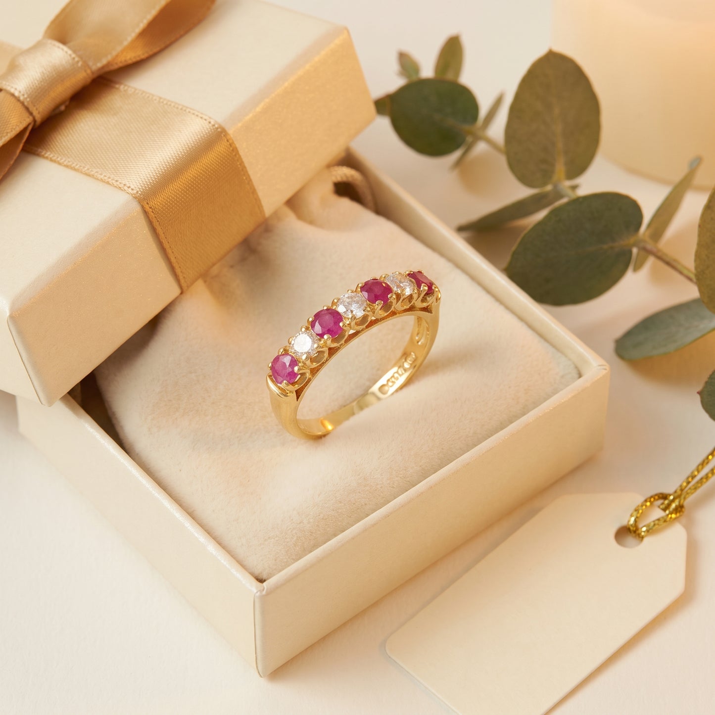 Pre-Owned Ruby & Diamond Half Eternity Ring in 18ct Yellow Gold