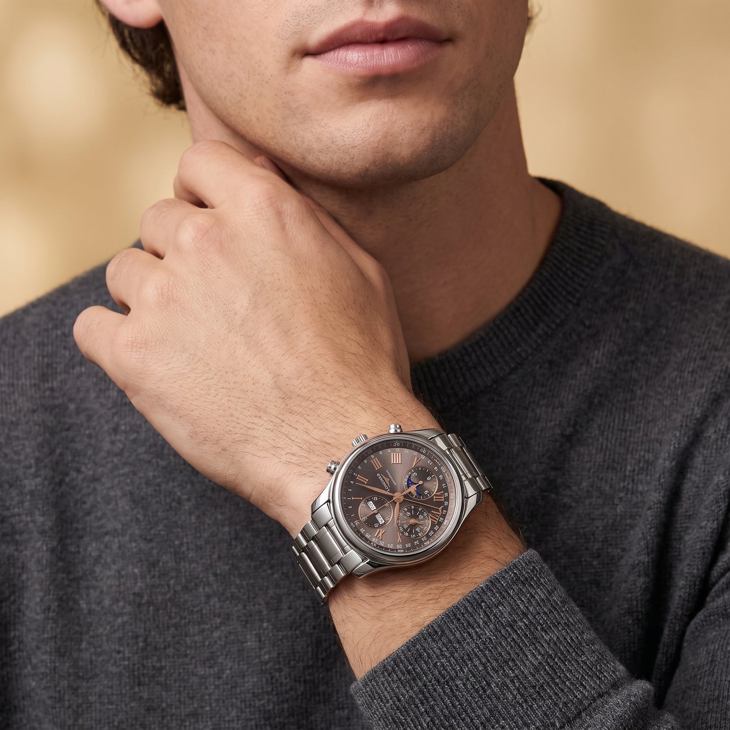 Longines Master Collection Moonphase with 40mm case, steel bracelet and grey dial on a mans wrist.