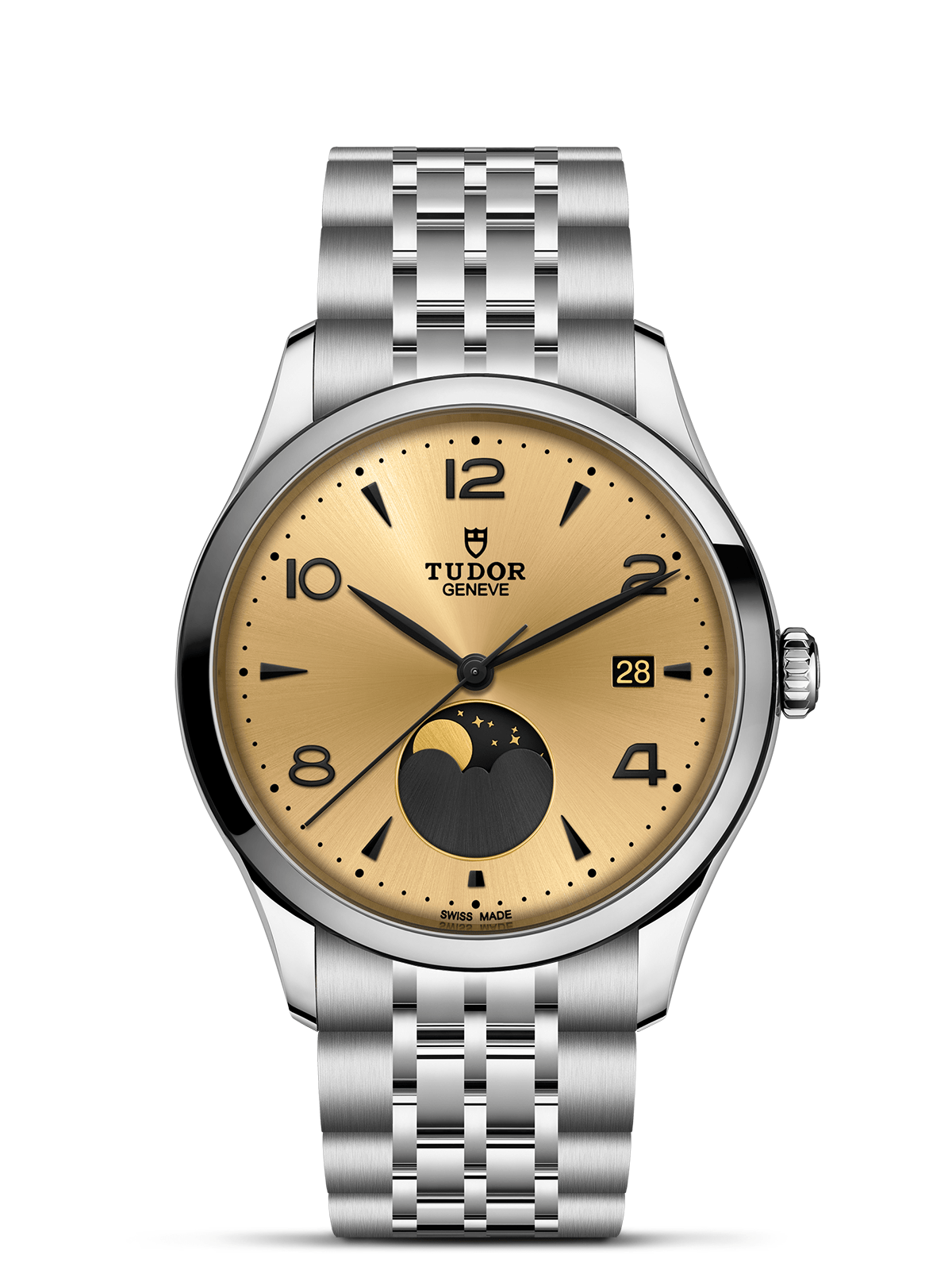 Tudor 1926 Luna watch on a steel bracelet with a gold-coloured dial, displayed on a white background.