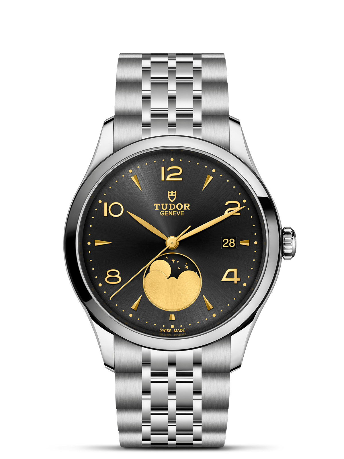 Tudor 1926 Luna watch on a steel bracelet with a black and gold-coloured dial, displayed on a white background.