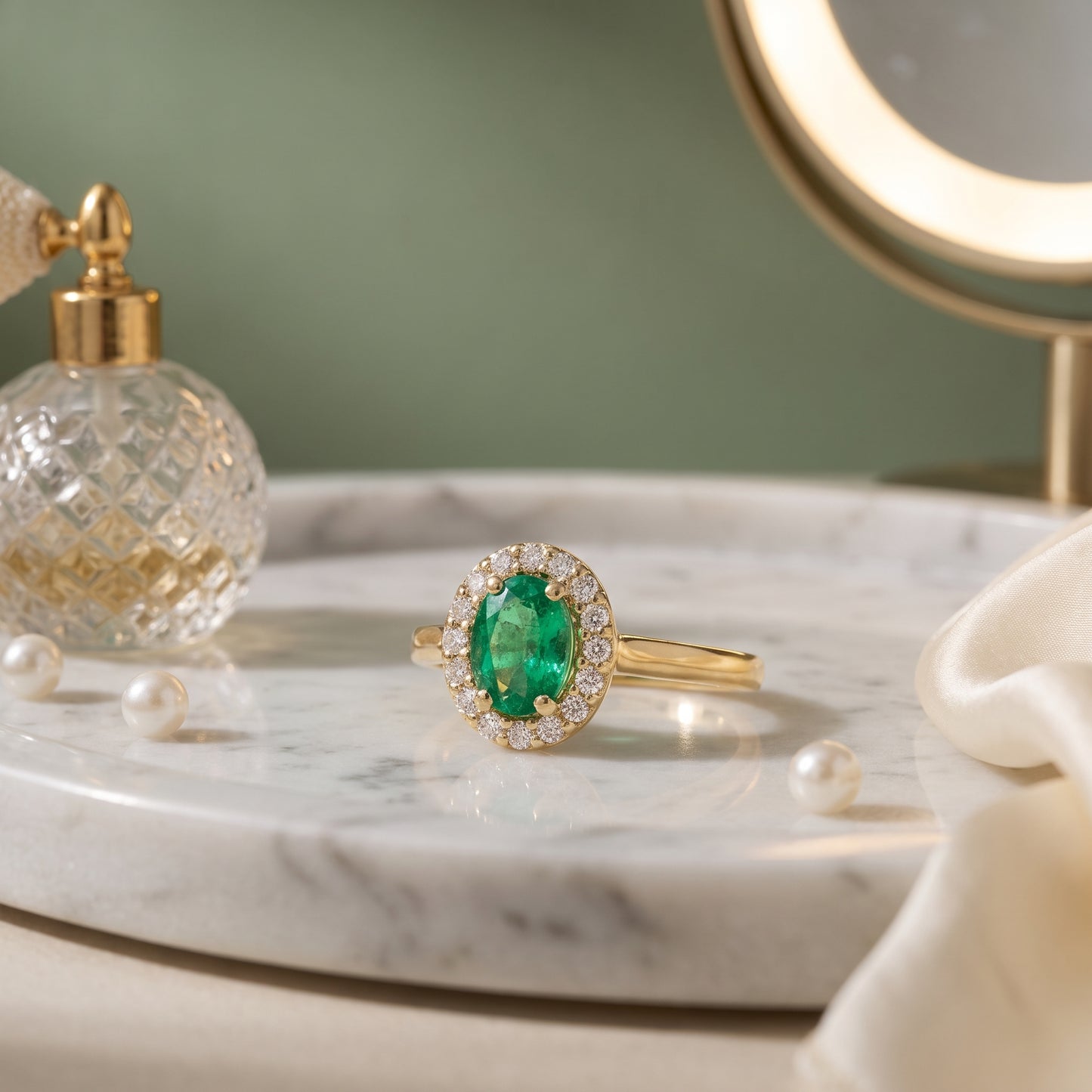 Emerald & Diamond Cluster Ring with 6x4mm Emerald and 0.12ct of Round Brilliant Diamonds in 9ct Yellow & White Gold (Copy)