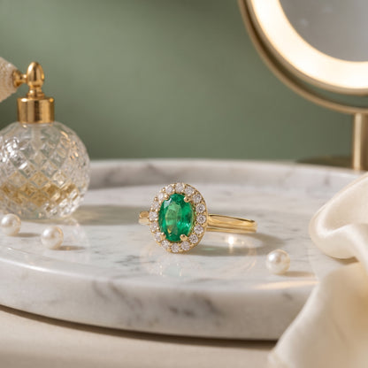 Emerald & Diamond Cluster Ring with 6x4mm Emerald and 0.12ct of Round Brilliant Diamonds in 9ct Yellow & White Gold (Copy)