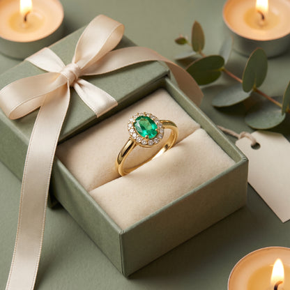 Emerald & Diamond Cluster Ring with 6x4mm Emerald and 0.12ct of Round Brilliant Diamonds in 9ct Yellow & White Gold (Copy)