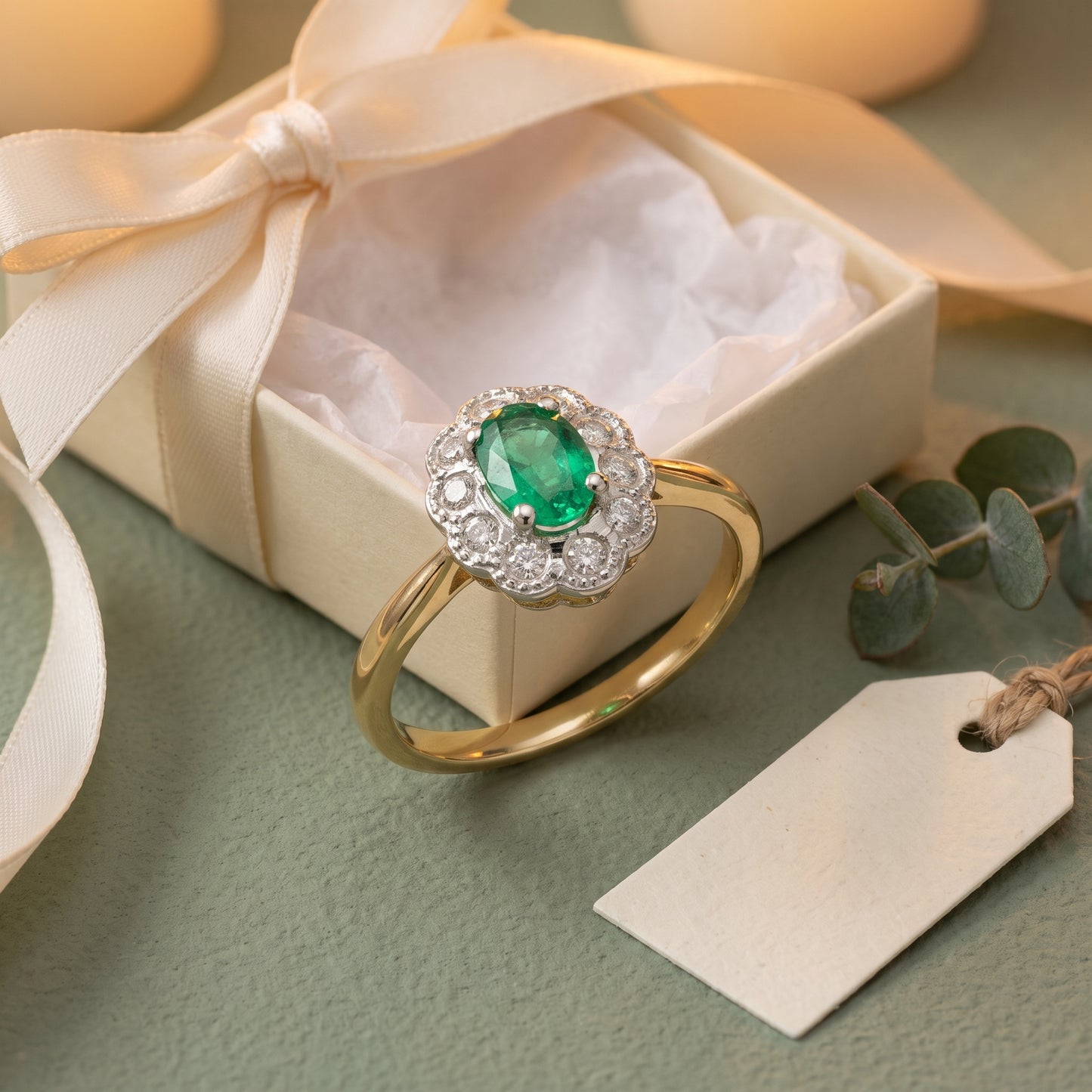 Emerald & Diamond Cluster Ring with 7x5mm Emerald and 0.10ct of Round Brilliant Diamonds in 9ct Yellow & White Gold
