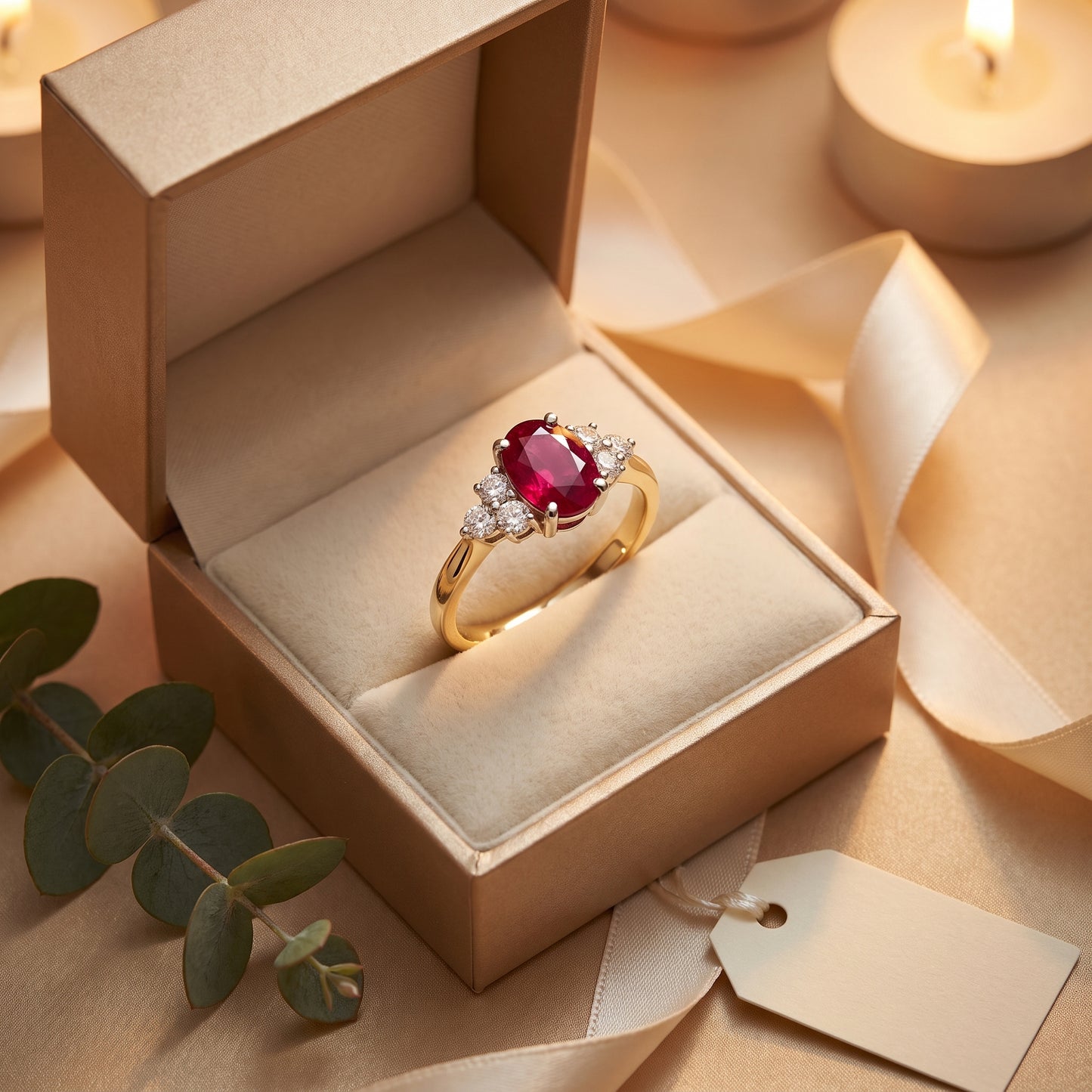 Ruby & Diamond Trefoil Ring with 7x5mm Ruby and 0.22ct of Round Brilliant Diamonds in 9ct Yellow & White Gold
