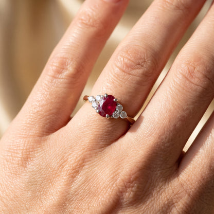 Ruby & Diamond Trefoil Ring with 7x5mm Ruby and 0.22ct of Round Brilliant Diamonds in 9ct Yellow & White Gold