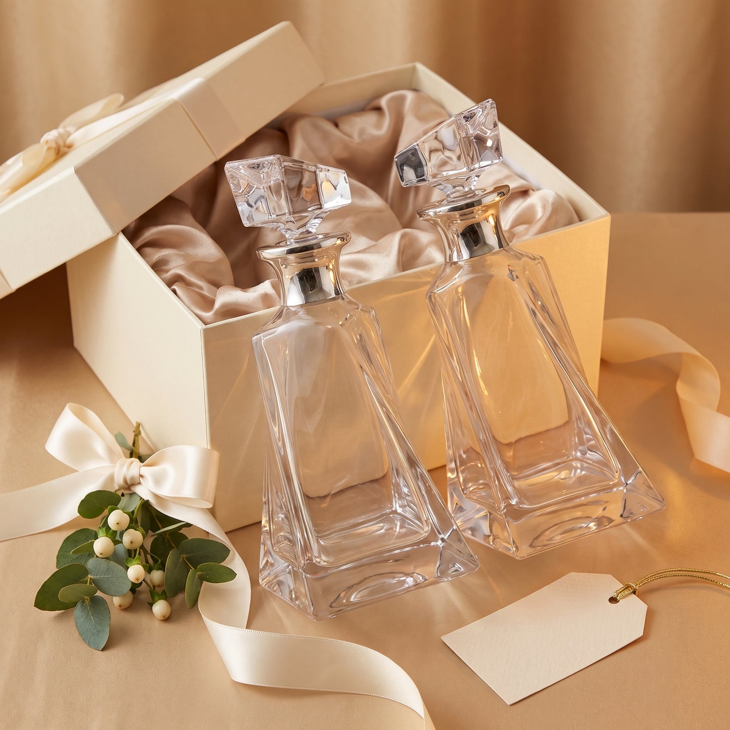 Pair of Crystal Lover's Decanters with Silver Collar