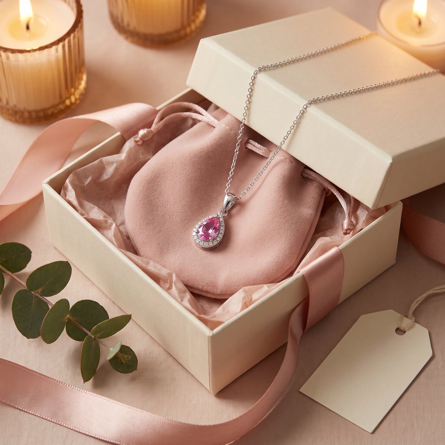 Pink Sapphire & Diamond Cluster Pendant with 0.31ct Pear Cut Pink Sapphire & 0.04ct Round Brilliant Diamond Halo in 18ct White Gold