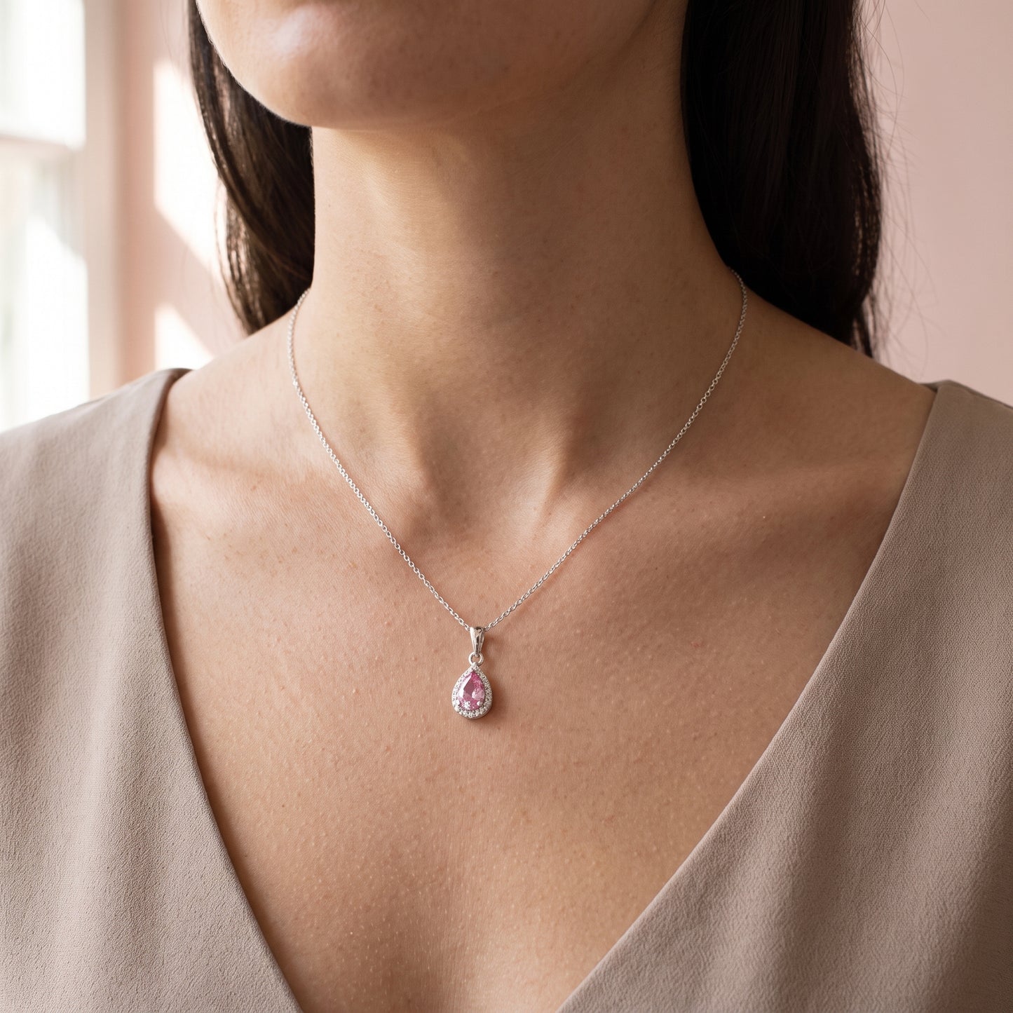 Pink Sapphire & Diamond Cluster Pendant with 0.31ct Pear Cut Pink Sapphire & 0.04ct Round Brilliant Diamond Halo in 18ct White Gold