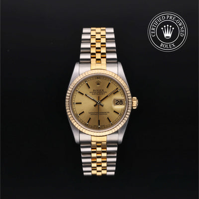 Rolex Datejust 31 with steel & yellow-gold Jubilee bracelet and champagne dial, on a black background with CPO logo.