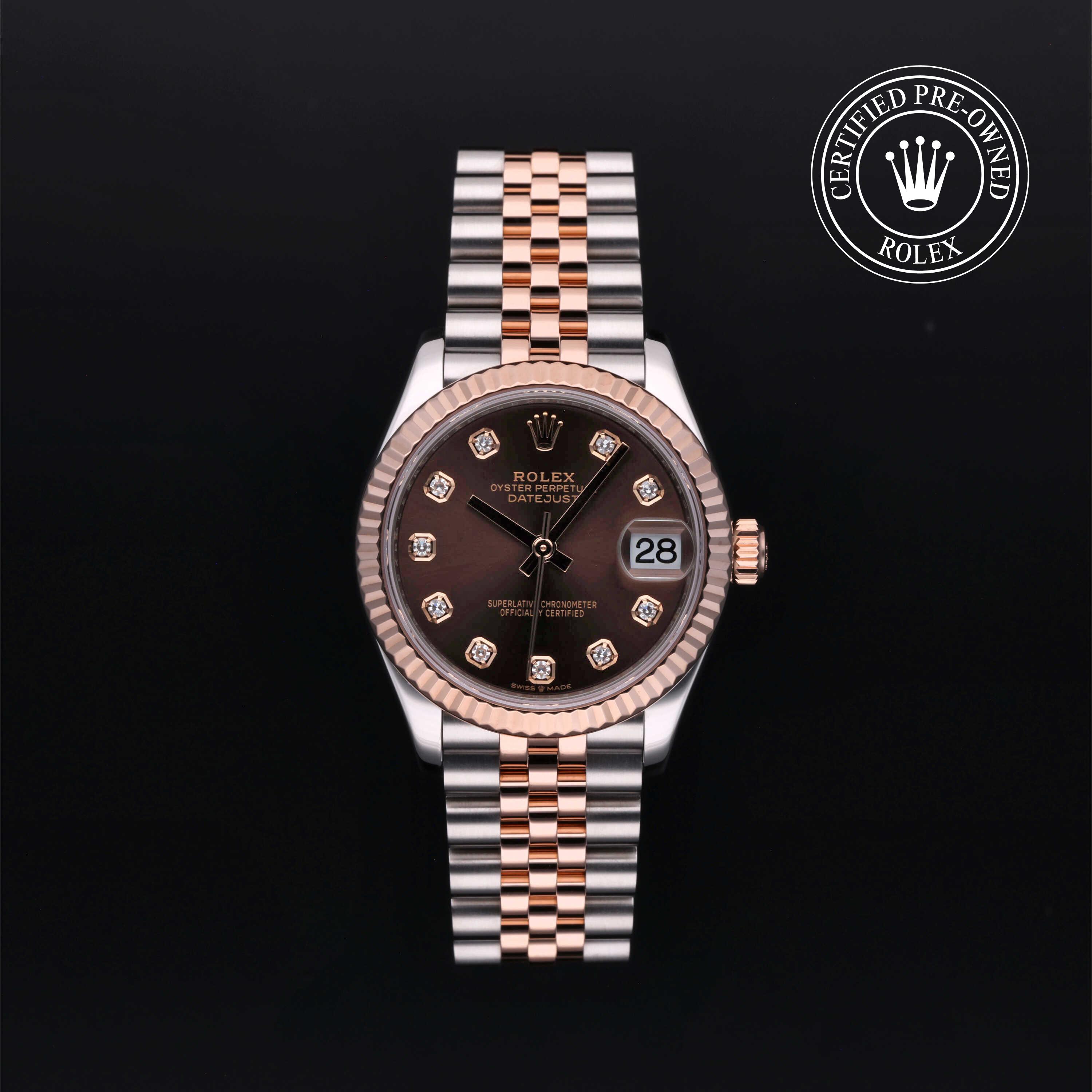 Rolex Datejust 31 with steel & Everose gold Jubilee bracelet and chocolate, diamond-set dial on a black background with CPO logo.