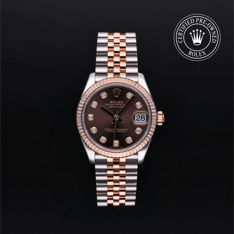 Rolex Datejust 31 with steel & Everose gold Jubilee bracelet and chocolate, diamond-set dial on a black background with CPO logo.