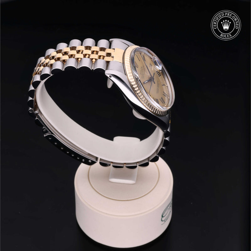 Rolex Datejust 36 with steel & yellow-gold Jubilee bracelet and champagne dial, on a cream presentation stand against a black background.Datejust 36