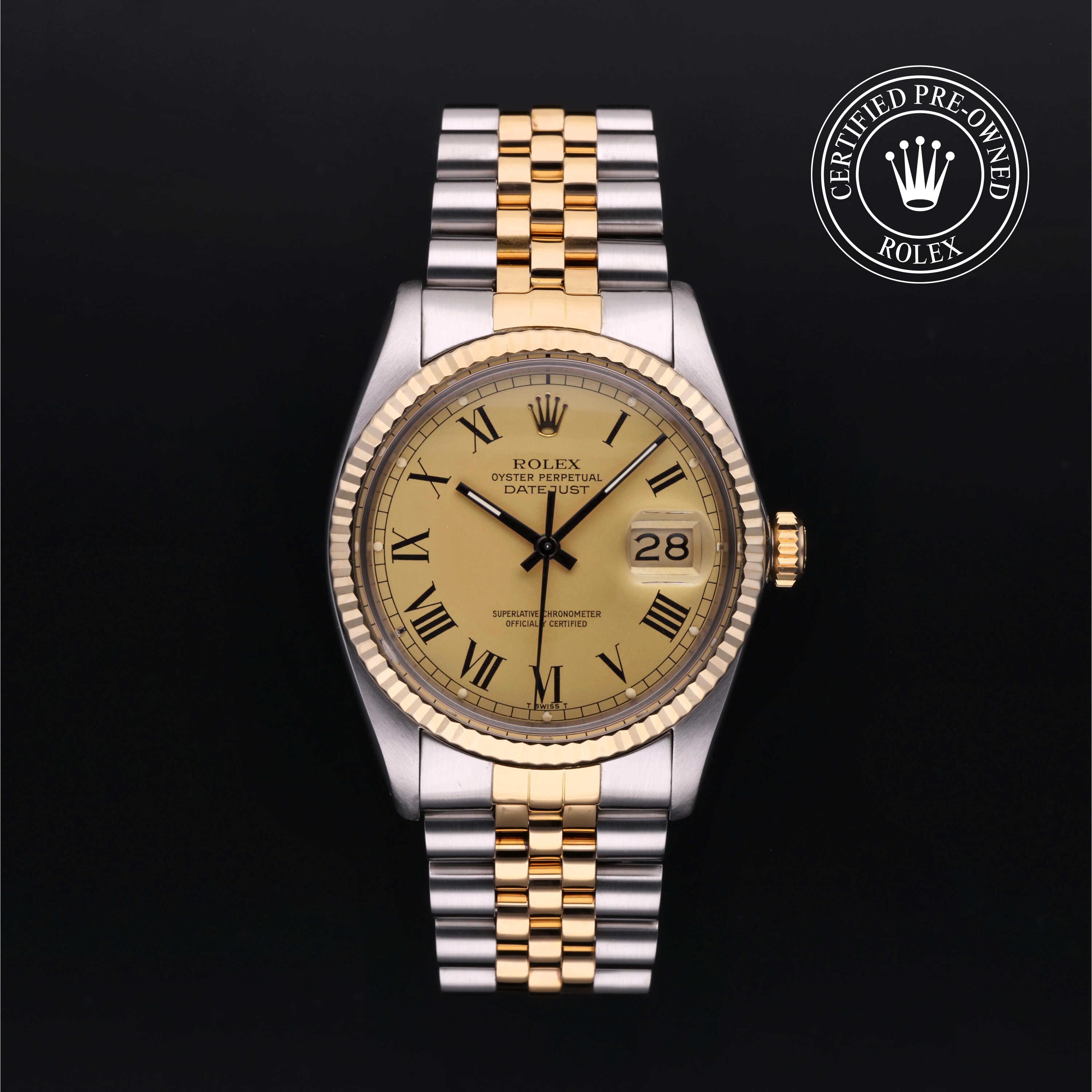 Rolex Datejust 36 with steel & yellow-gold Jubilee bracelet and champagne dial, on a black background with CPO logo.