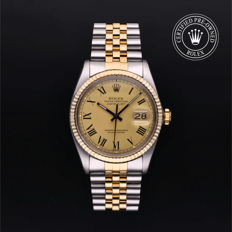 Rolex Datejust 36 with steel & yellow-gold Jubilee bracelet and champagne dial, on a black background with CPO logo.