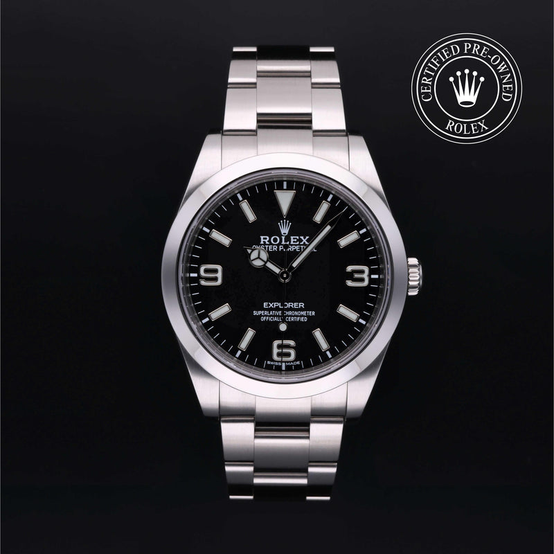 Rolex Certified Pre-Owned Explorer with black dial on an Oyster bracelet, displayed against a black background.