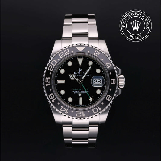 Rolex GMT-Master II with steel Oyster bracelet and black dial, on a black background with CPO logo.
