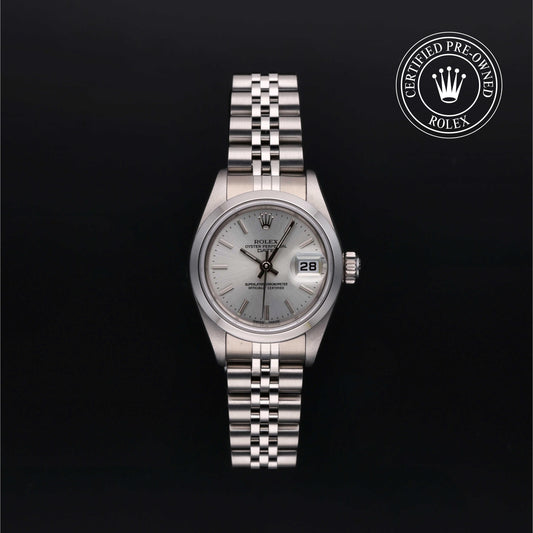 Rolex Lady-Datejust with steel Jubilee bracelet and silver dial on a black background.