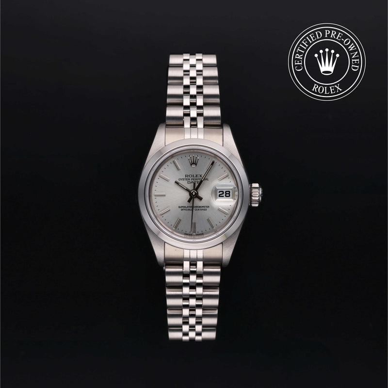 Rolex Lady-Datejust with steel Jubilee bracelet and silver dial on a black background.