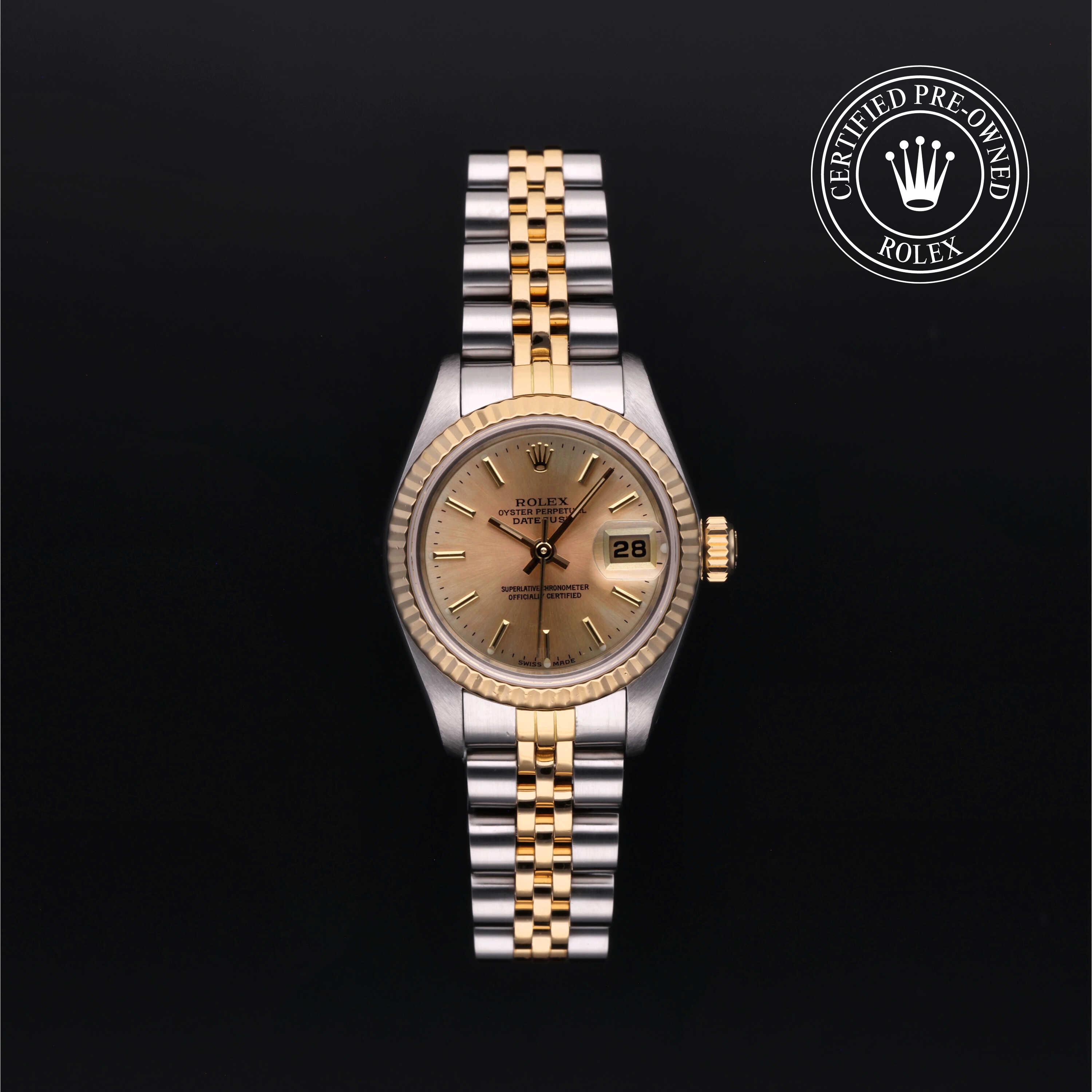 Rolex Lady-Datejust 26 with steel and yellow-gold Jubilee bracelet and champagne dial, on a black background with CPO logo.
