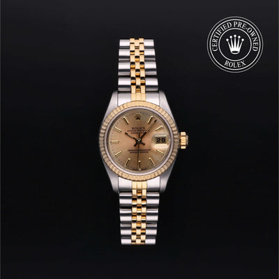 Rolex Lady-Datejust 26 with steel and yellow-gold Jubilee bracelet and champagne dial, on a black background with CPO logo.