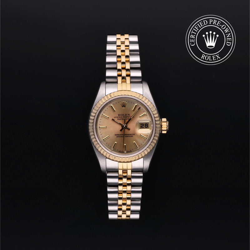 Rolex Lady-Datejust 26 with steel and yellow-gold Jubilee bracelet and champagne dial, on a black background with CPO logo.