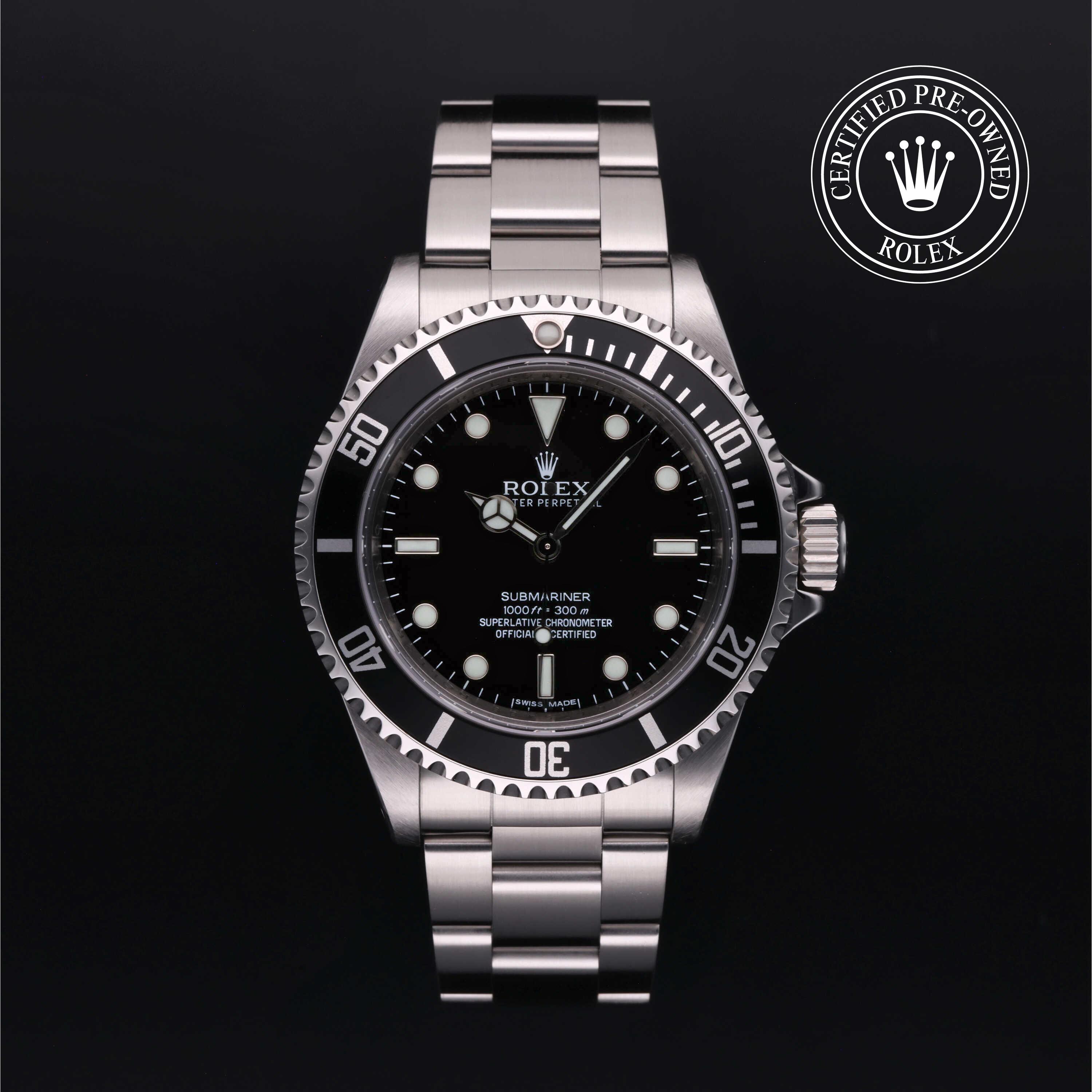 Rolex Submariner with steel Oyster bracelet and black dial, on a black background with CPO logo.