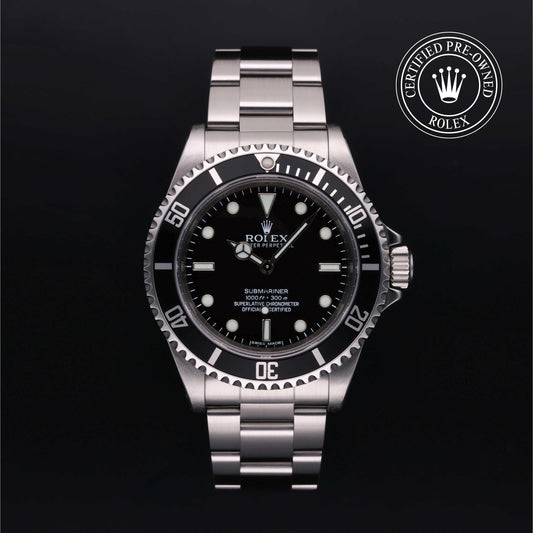 Rolex Submariner with steel Oyster bracelet and black dial, on a black background with CPO logo.