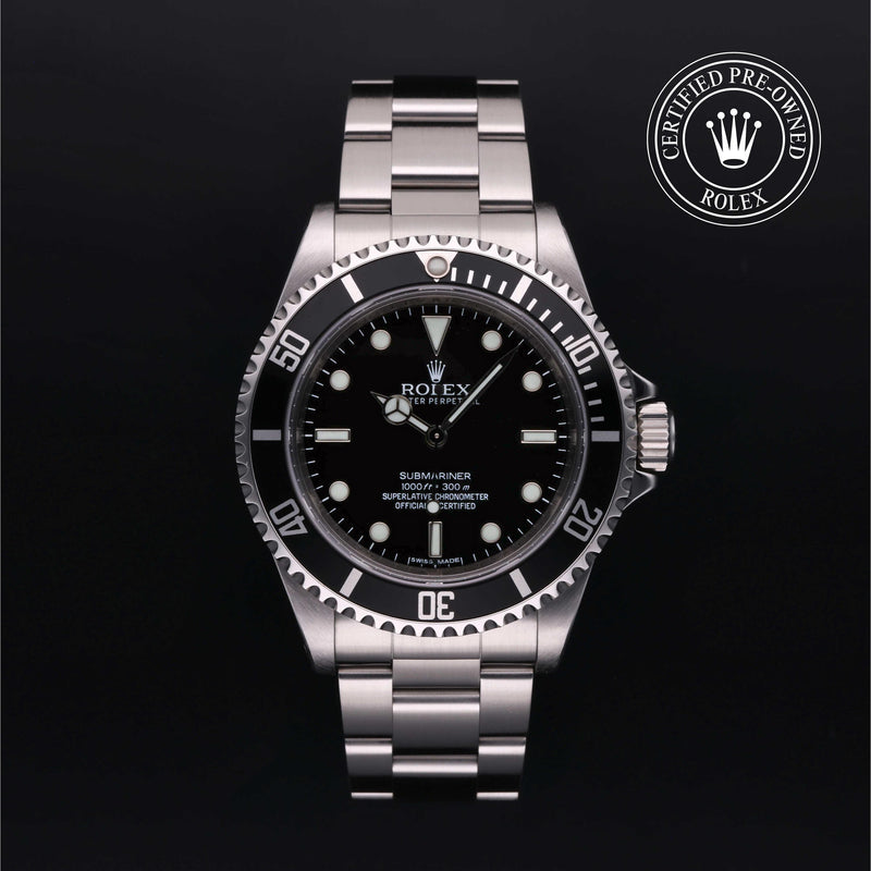 Rolex Submariner with steel Oyster bracelet and black dial, on a black background with CPO logo.