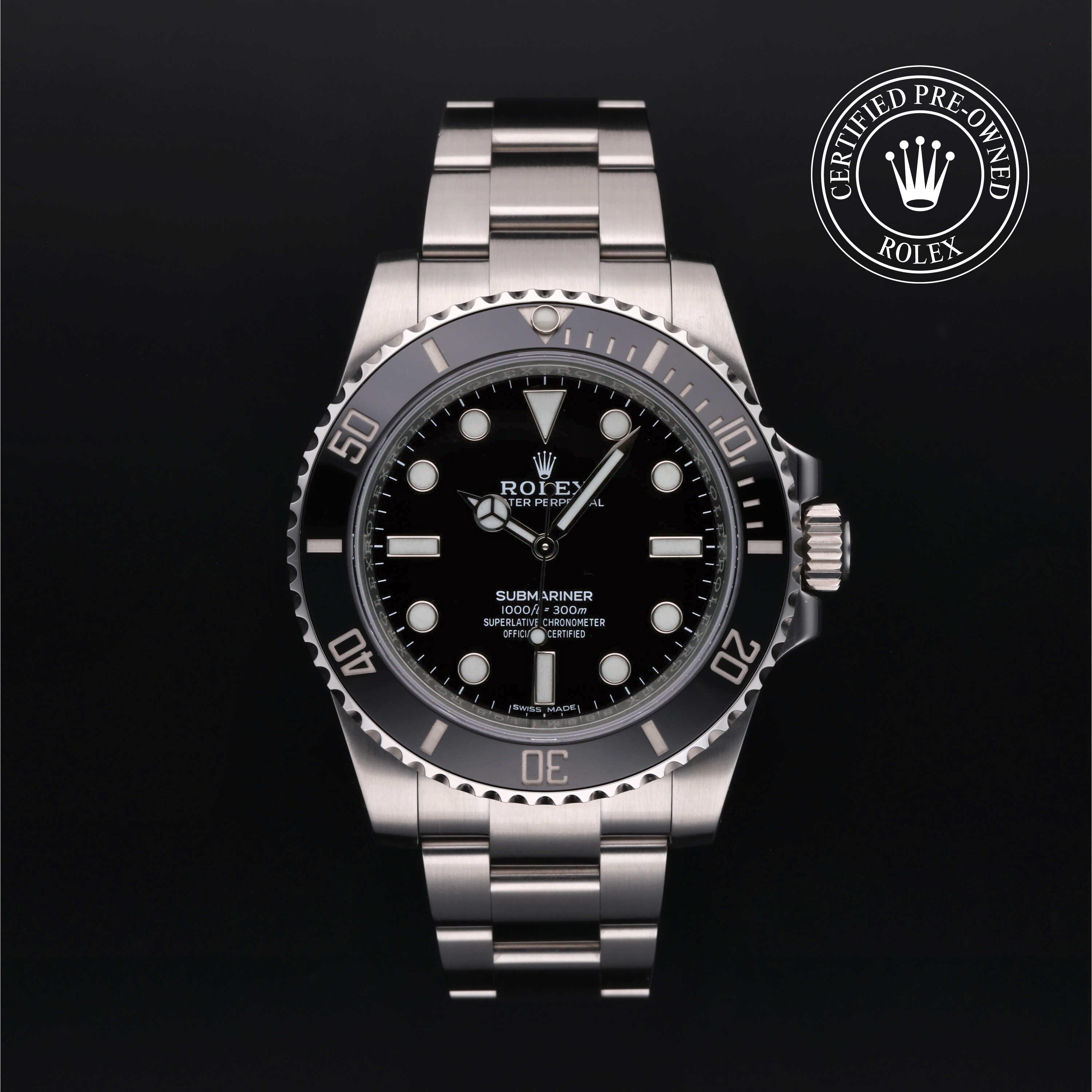 Rolex Submariner watch with steel Oyster bracelet and black dial on a white background.