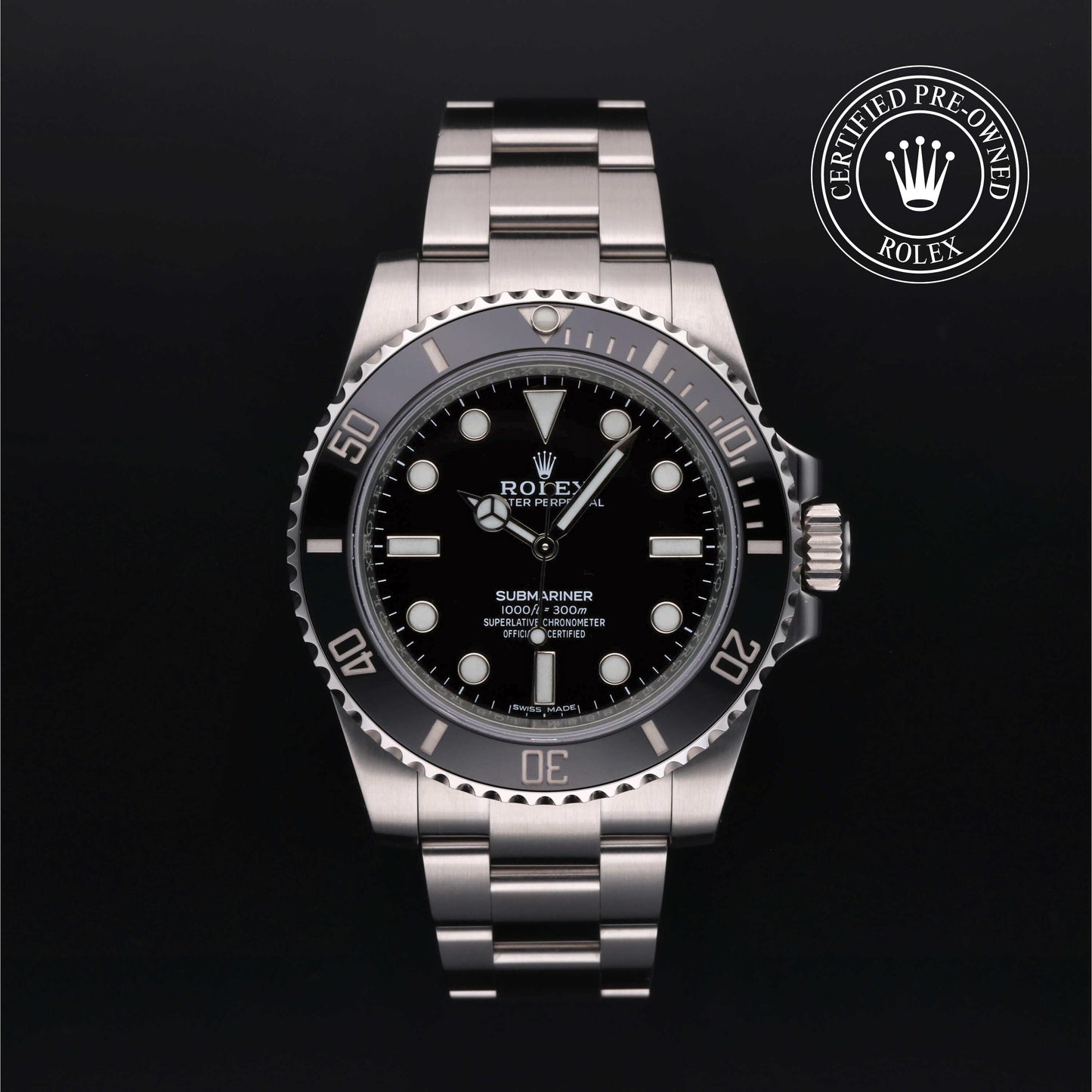 Rolex Submariner watch with steel Oyster bracelet and black dial on a white background.