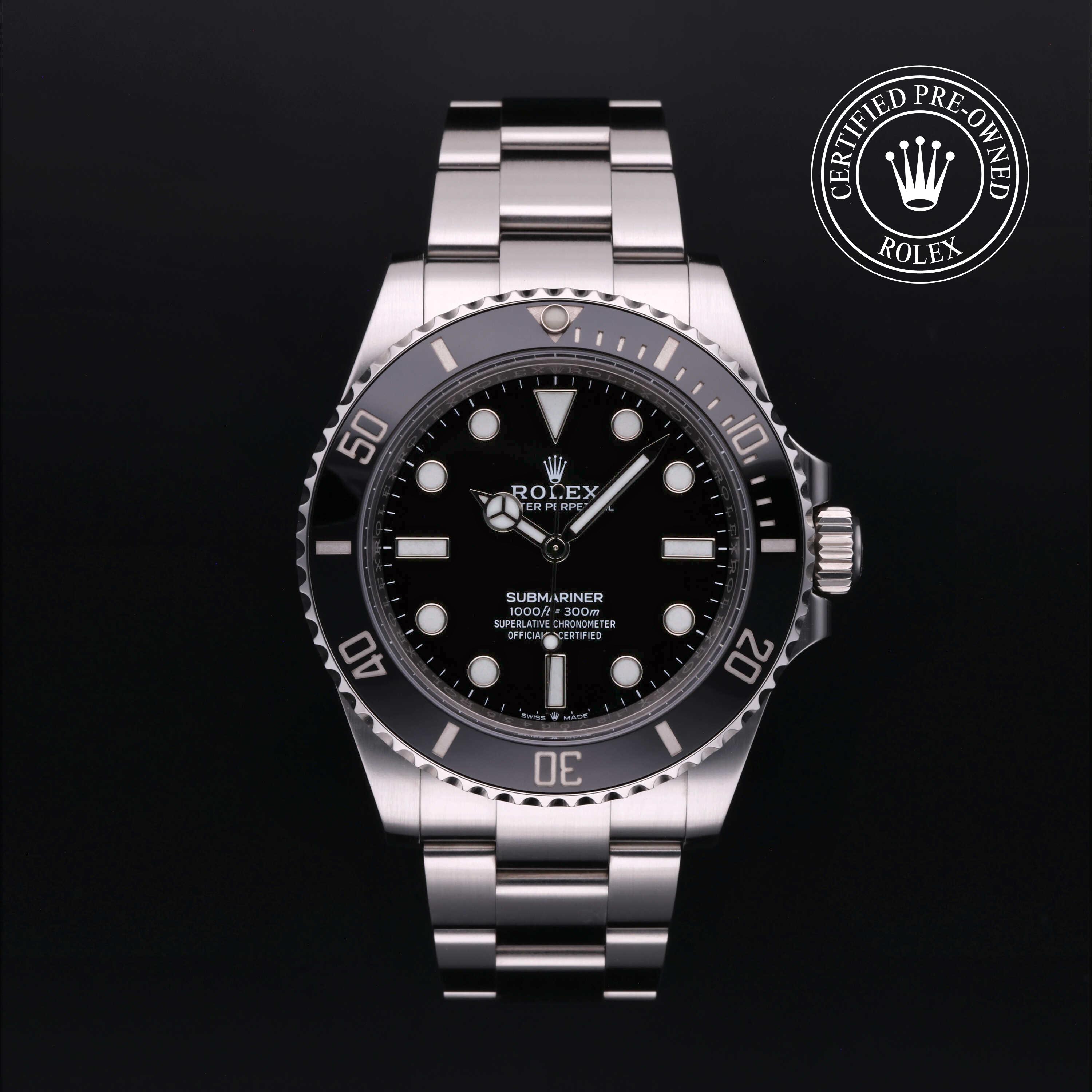 Rolex Submariner with steel Oyster bracelet and black dial, on a black background with CPO logo.