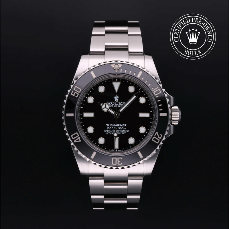 Rolex Submariner with steel Oyster bracelet and black dial, on a black background with CPO logo.