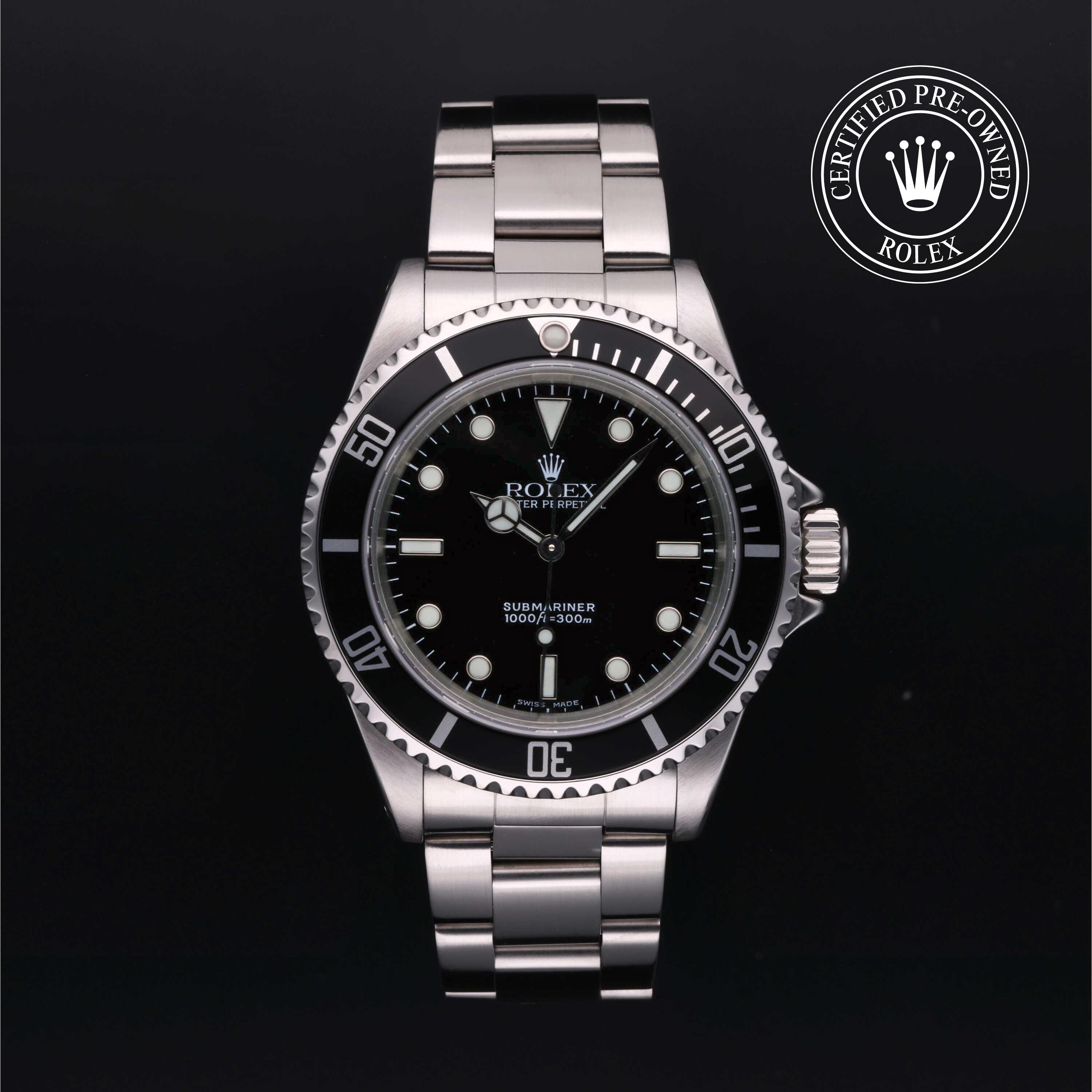 Rolex Submariner watch with black dial and Oyster bracelet on a black background, featuring a 'Certified Pre-Owned Rolex' label.