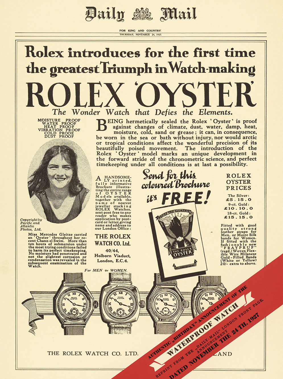 1927 Advertisement for Rolex Oyster watches featuring text and images of watches on a beige background.