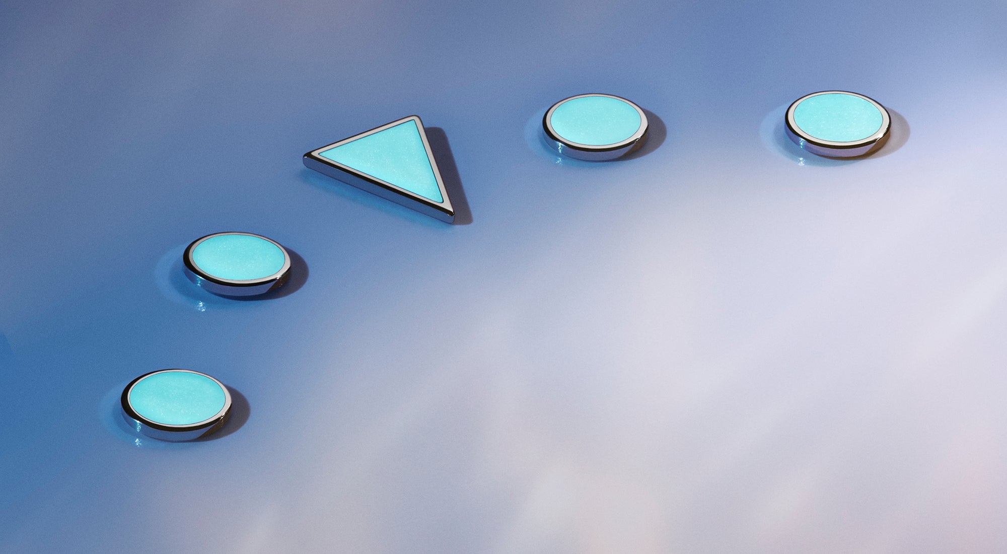 Four blue circular objects and one triangular object on a reflective surface with light reflections.
