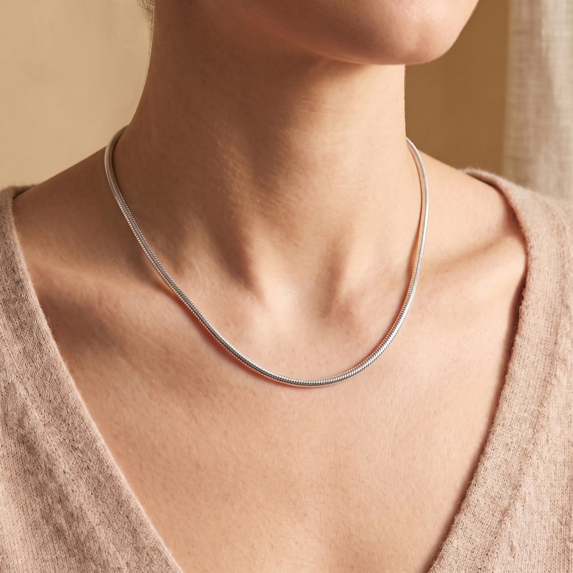 Silver fancy snake chain with trigger clasp being worn around a women's neck.