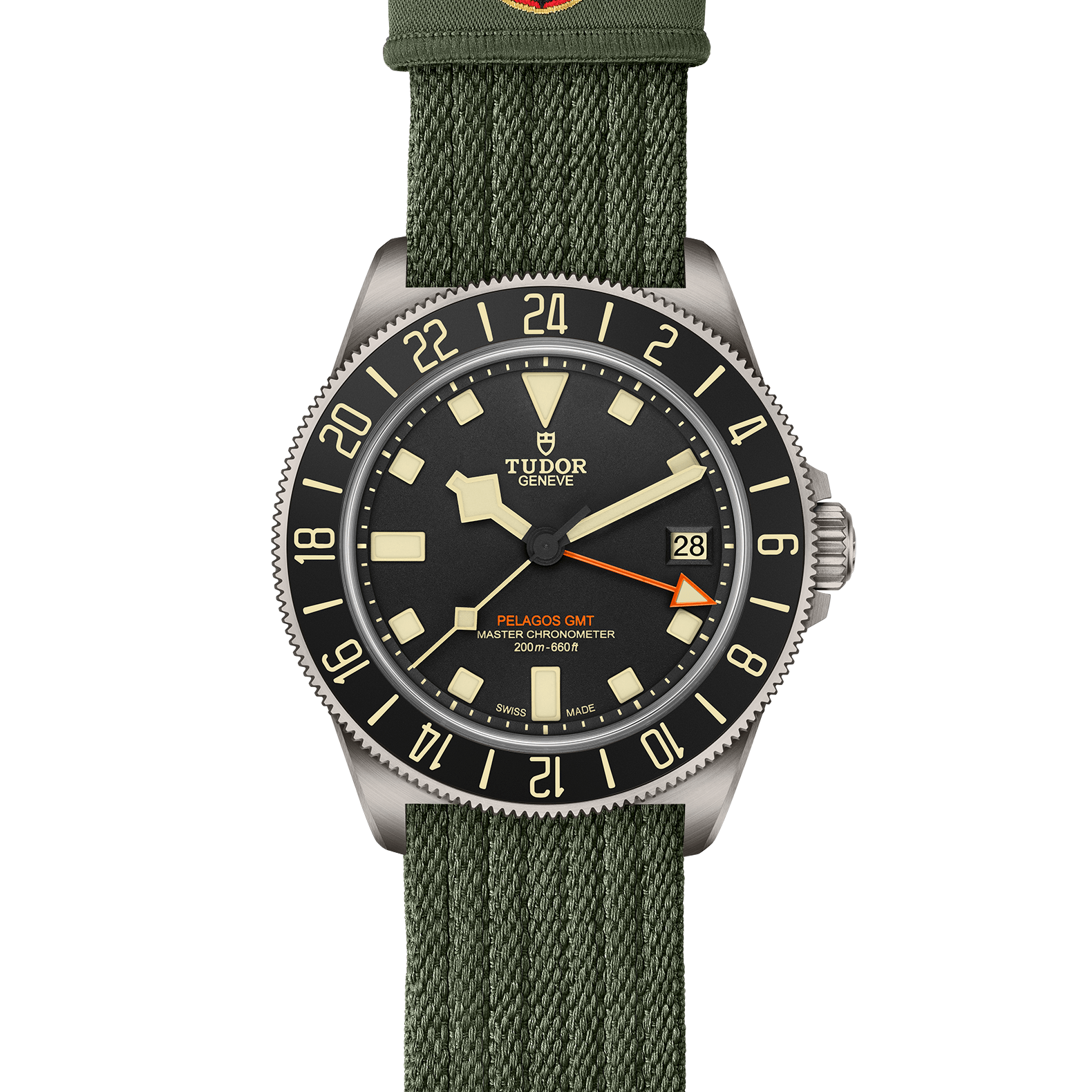 TUDOR Pelagos FXD GMT with 42mm titanium case, green fabric strap and black dial on a white background.