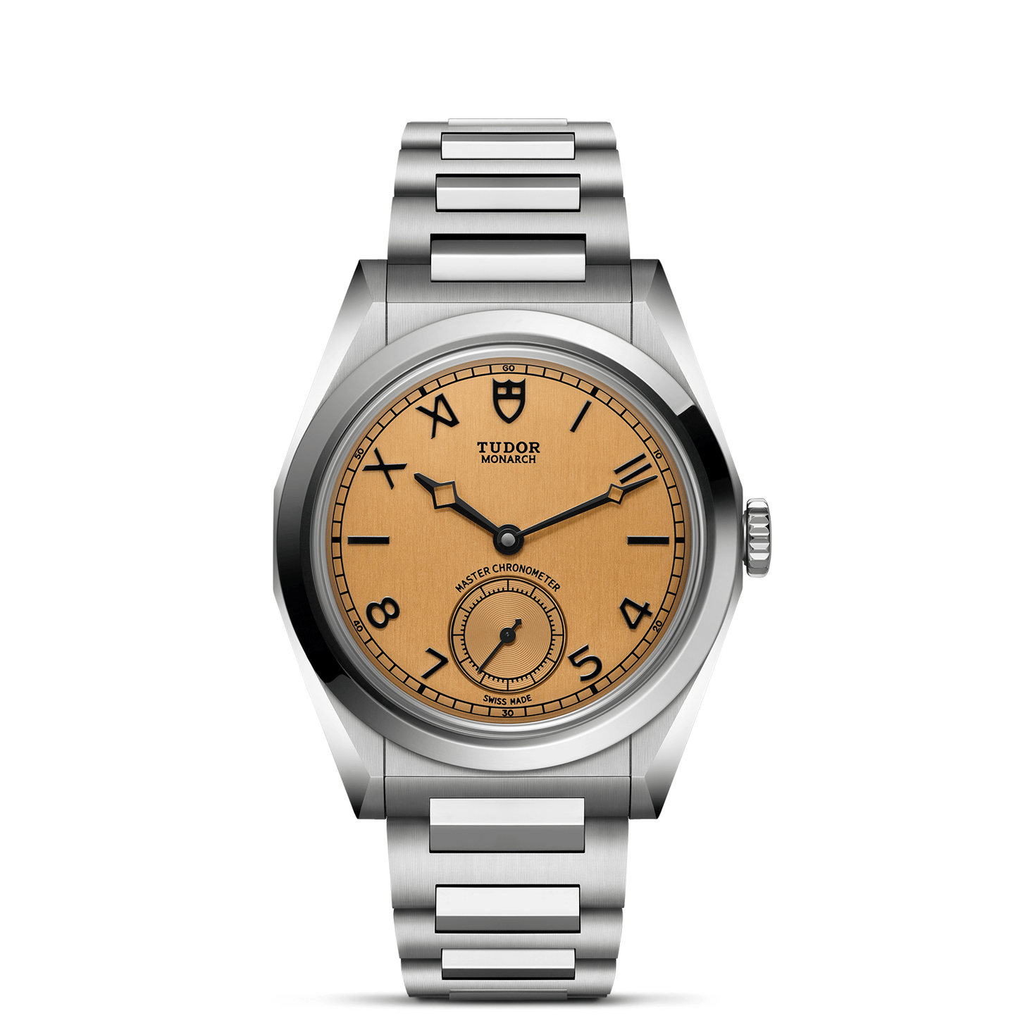 Tudor Monarch watch with steel bracelet and champagne dial on a white background.