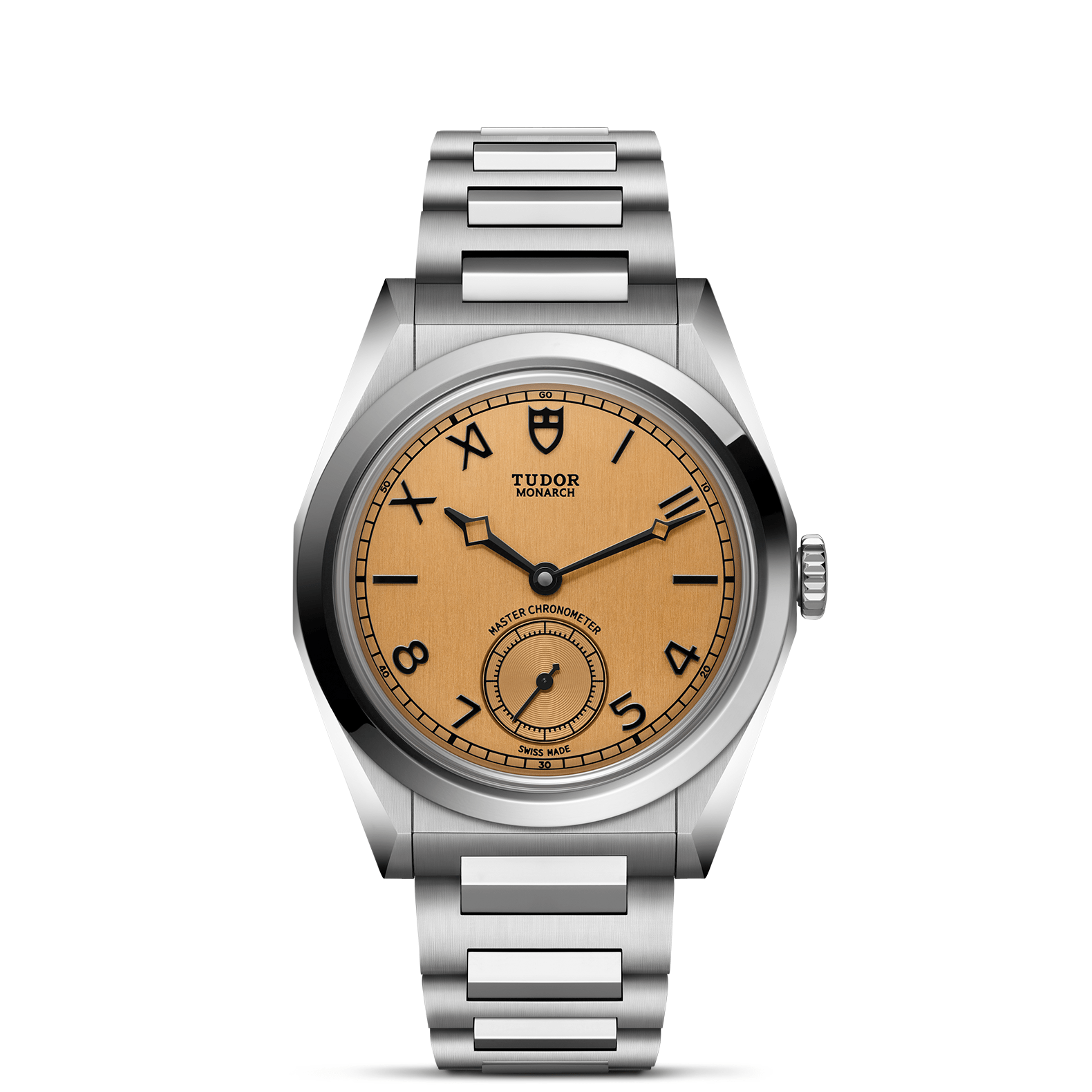 Tudor Monarch watch with steel bracelet and champagne dial on a white background.