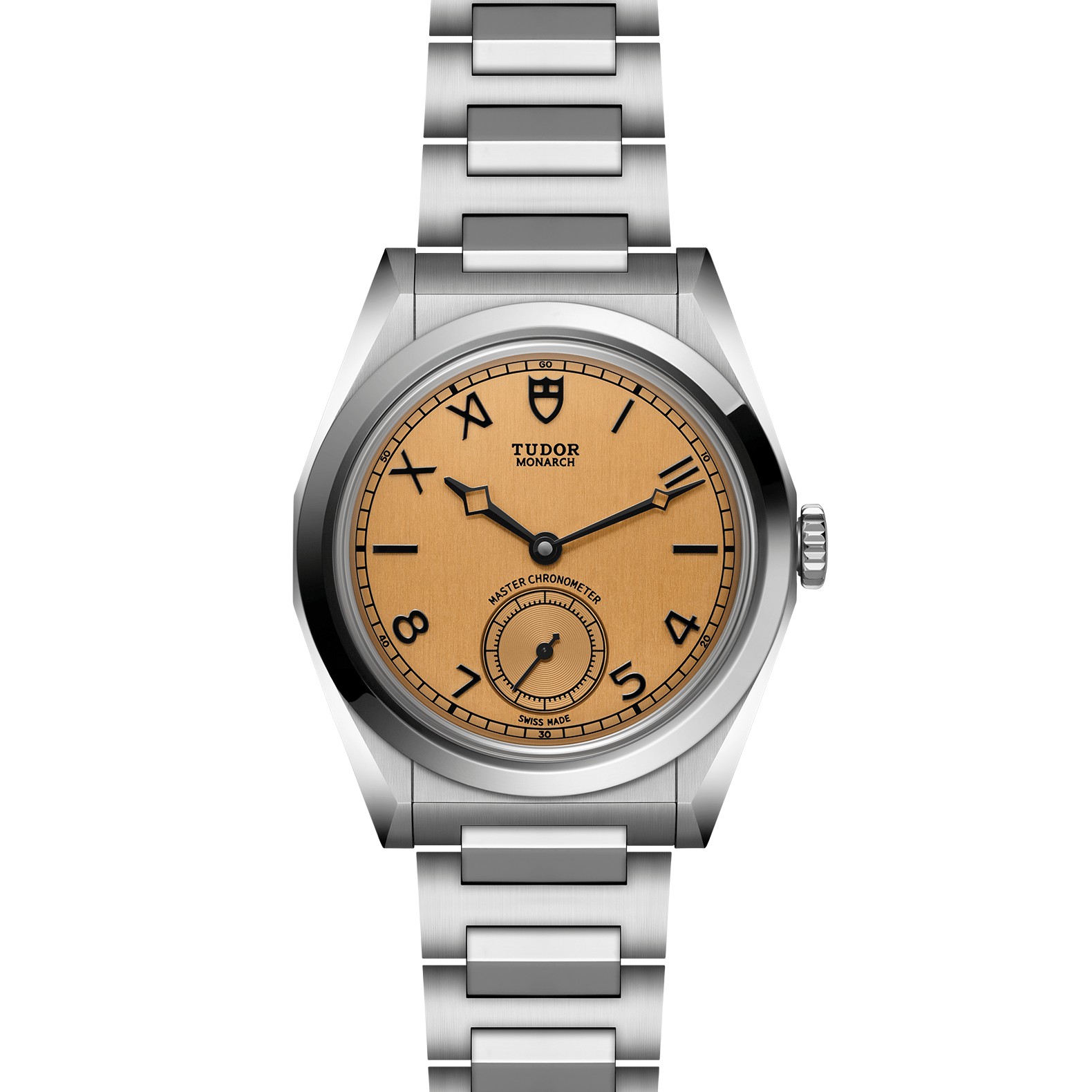 Tudor Monarch watch with steel bracelet and champagne dial on a white background.