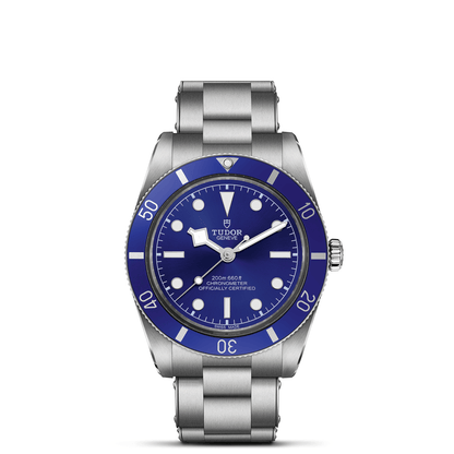 Tudor Black Bay 54 watch with a steel bracelet and blue dial on a white background.