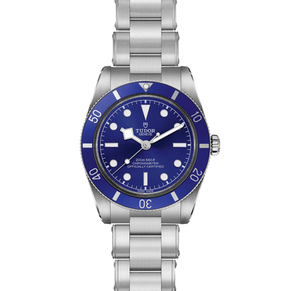 Tudor Black Bay 54 watch with a steel bracelet and blue dial on a white background.