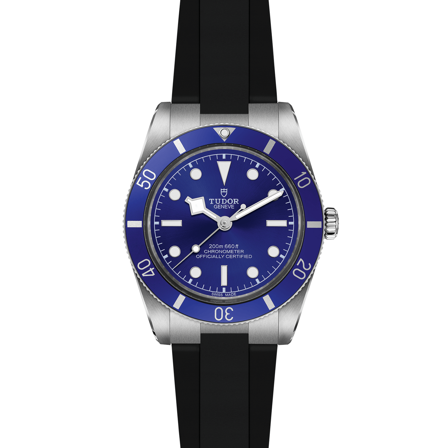 Tudor Black Bay 54 watch with a black rubber strap and blue dial on a white background.
