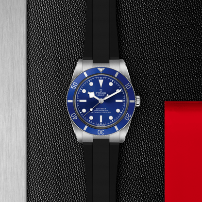 Tudor Black Bay 54 watch with a black rubber strap and blue dial on a black textured background.