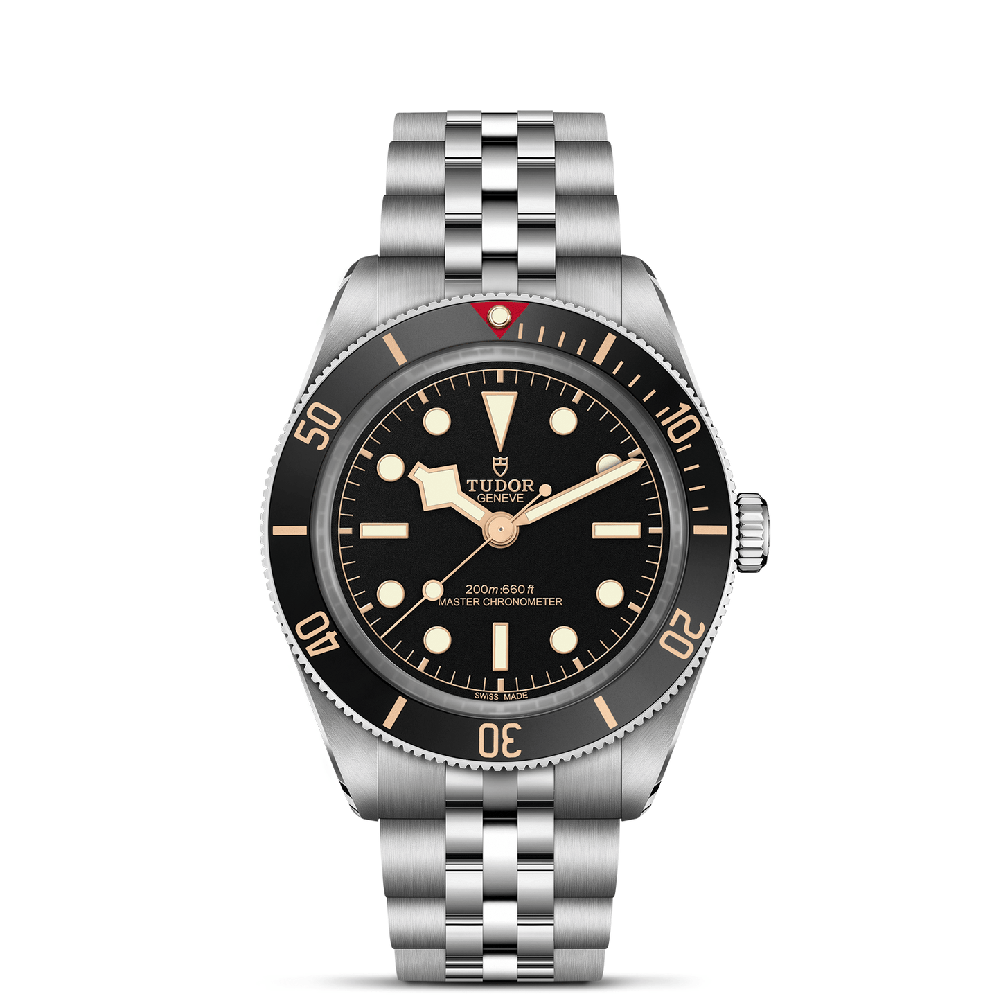 Tudor Black Bay 58 watch with a steel bracelet and black dial on a white background.